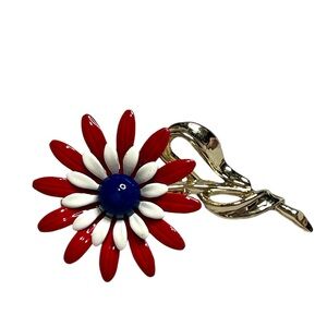 Vintage Enameled metal & gold tone Red, White & Blue Floral brooch pin